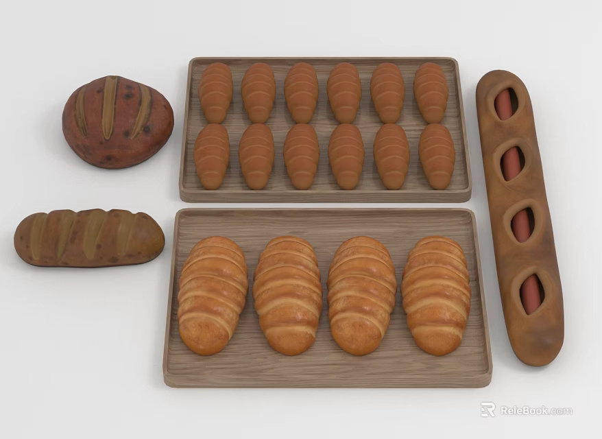 Assorted Fresh Breads Display With Croissants Baguettes And Round Loaves On Wooden Trays 3d model